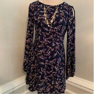 American Eagle Women's Blue Floral Print Dress Cold Shoulder Long Sleeve Size XS